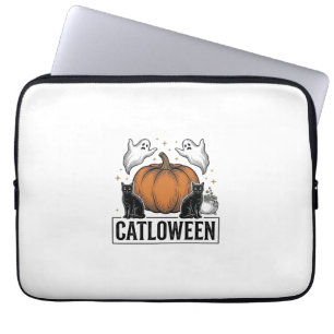 Funda Para Portátil Catloween Gato Negro Fantasma Diseño Vectorial de