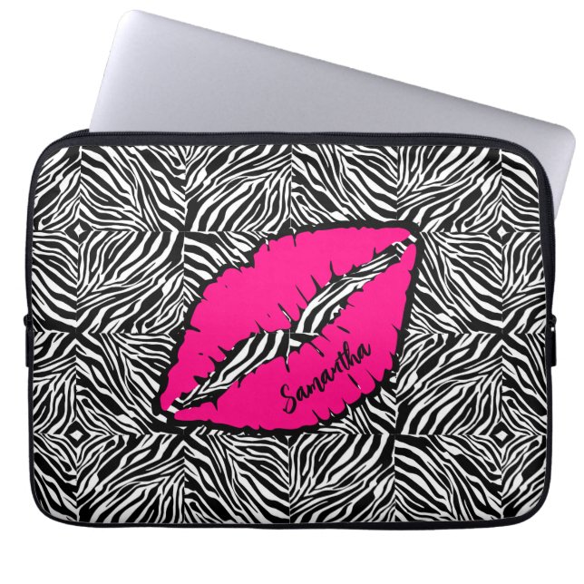 Funda Para Portátil Cebra simple con labios rosados personalizados (Frente)