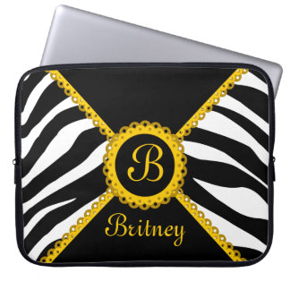 Funda Para Portátil Cebra y monograma amarillo del cordón