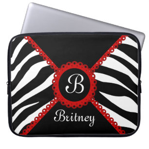 Funda Para Portátil Cebra y monograma rojo del cordón