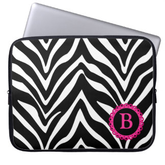 Funda Para Portátil Cebra y monograma rosado del cordón
