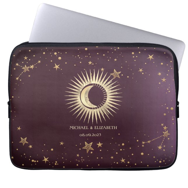 Funda Para Portátil Celestial Gold Sun And Moon Stars Burgundy (Frente)