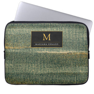 Funda Para Portátil Cepillo verde elegante con oro y negro