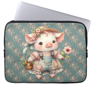 Funda Para Portátil Cerdito Pastel Adorable en Overoles Cottagecore