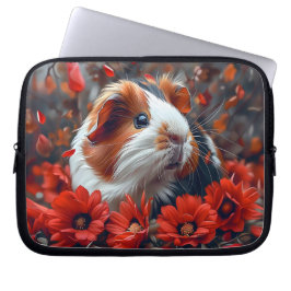 Funda Para Portátil Cerdo guineano entre flores rojas