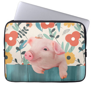 Funda Para Portátil Cerdo Y Flores Alegres