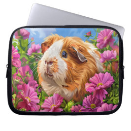 Funda Para Portátil Cerdos de Guinea entre flores rosadas