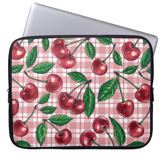 Funda Para Portátil Cerezas rojas en gingham rosa (Frente)