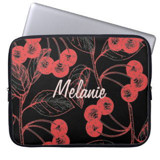 Funda Para Portátil Cerezas y Hojas Rojas sobre Negro Personalizadas