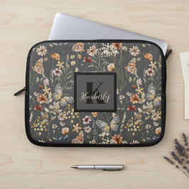 Funda Para Portátil Charcoal Gray Watercolor Wildflowers Monogrammed