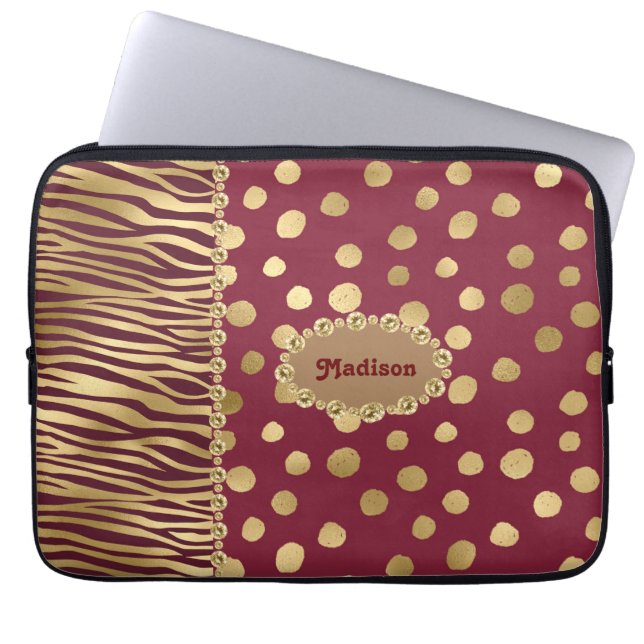 Funda Para Portátil Cheetah Burgundy Gold Metallic Moda Bling Nombre (Frente)