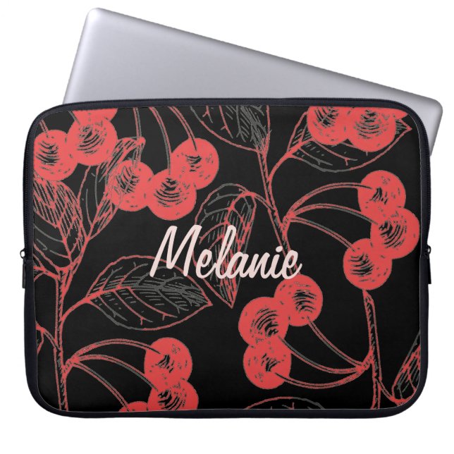 Funda Para Portátil Cherries and Leaves Red on Black Personalised (Frente)