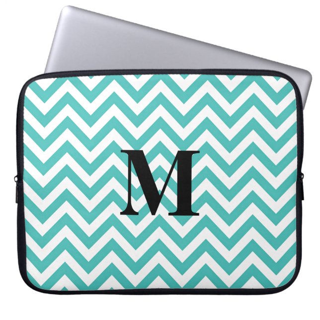 Funda Para Portátil Chevron azul con el monograma (Frente)