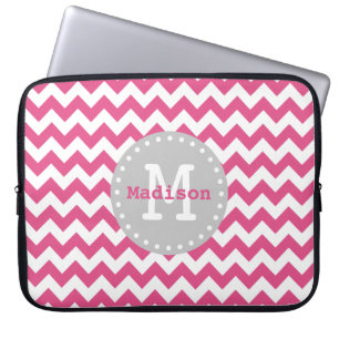 Funda Para Portátil Chevron gris blanco rosado Zigzag Monograma