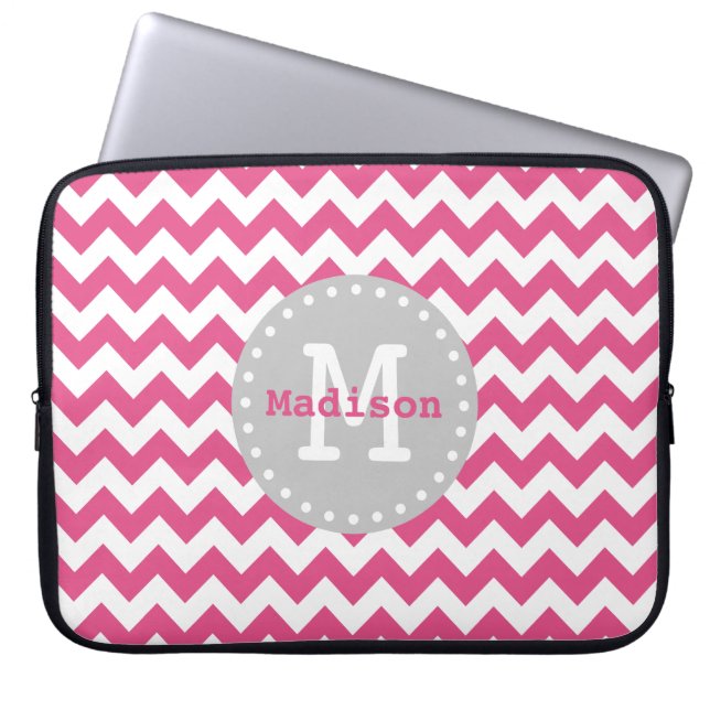 Funda Para Portátil Chevron gris blanco rosado Zigzag Monograma (Frente)