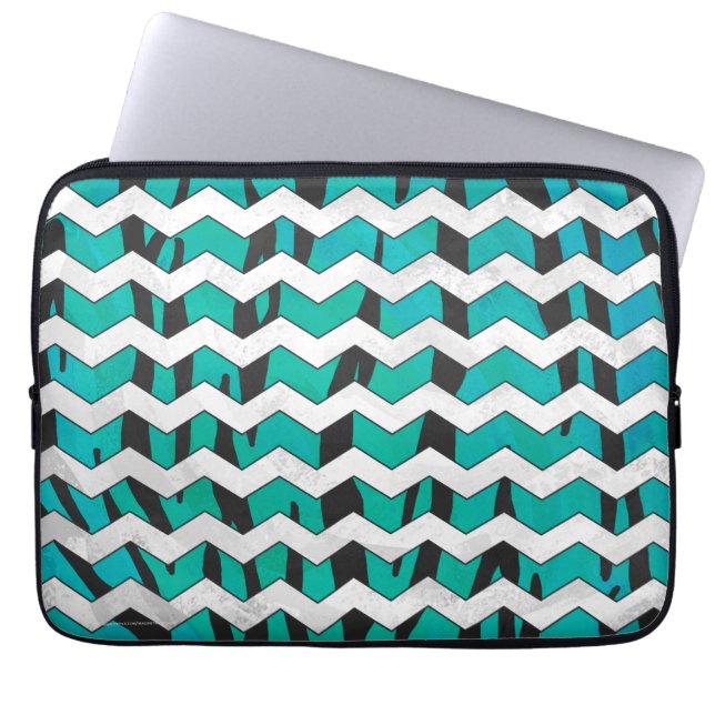 Funda Para Portátil Chevron Tiger Impresión negra y Verde azulada (Frente)