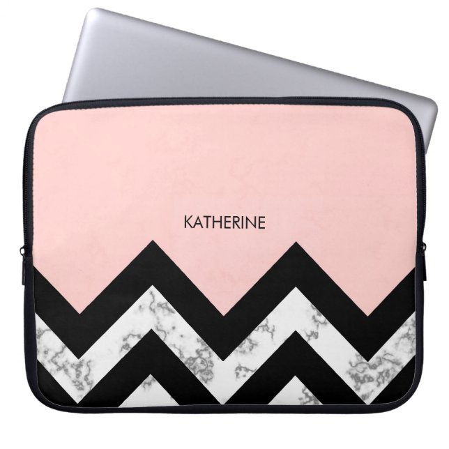 Funda Para Portátil Chevrons blanco y rosa negro (Frente)
