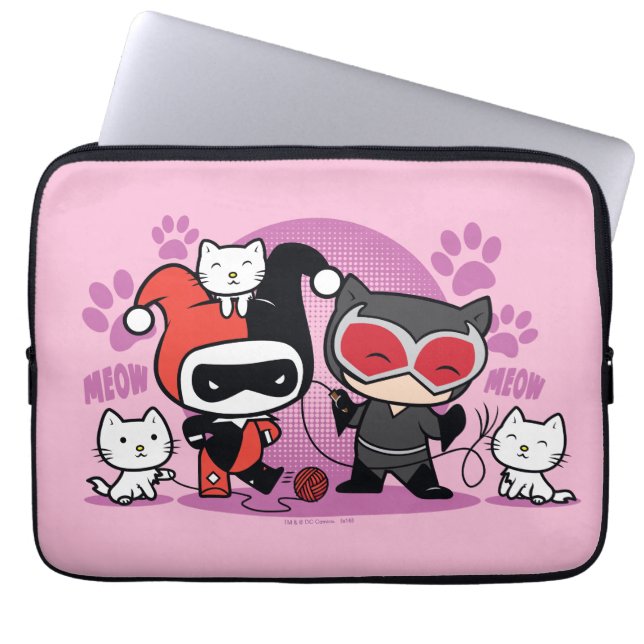 Funda Para Portátil Chibi Harley Quinn & Chibi Catwoman Con Gatos (Frente)