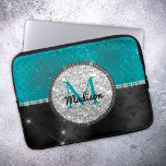 Funda Para Portátil Chic faux Silver Glitter Turquoise Black monogram<br><div class="desc">Pretty chic and elegant girly faux glitter bling in teal turquoise, black and silver to create a special unique stylish Laptop sleeve. Add some style to your office, desk, or personal space with a Chic and stylish custom name and monogram Laptop sleeve.. personalize it with a script name and monogram....</div>