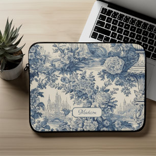 Funda Para Portátil Chic floral vintage Monograma azul toile de jouy