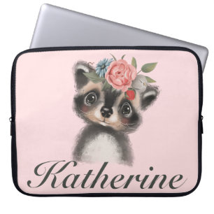 Funda Para Portátil Chica Adorable Racoon Floral Rosa