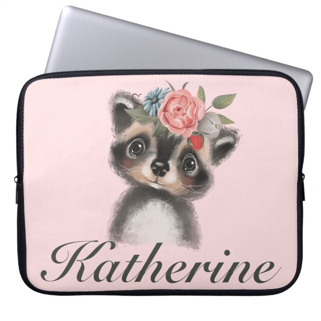 Funda Para Portátil Chica Adorable Racoon Floral Rosa (Frente)