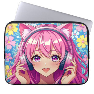 Funda Para Portátil Chica anime rosa linda con auriculares