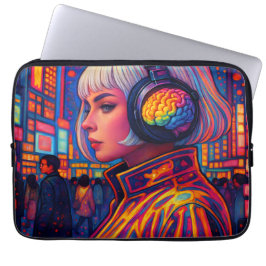 Funda Para Portátil Chica Con Auriculares Con Cerebros Lluviosos