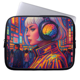 Funda Para Portátil Chica Con Auriculares Con Cerebros Lluviosos