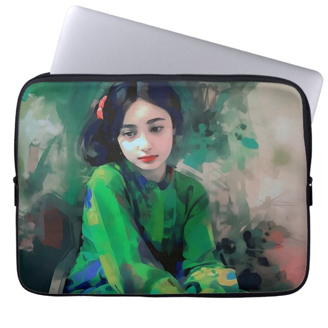 Funda Para Portátil Chica con vestido verde (Frente)