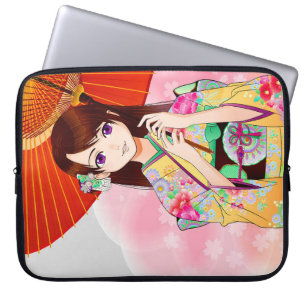 Funda Para Portátil Chica Cuidado En Kimono Floral Rosa Con Paraguas R