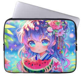 Funda Para Portátil Chica de anime come sandía en verano