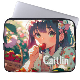 Funda Para Portátil Chica de anime cutáneo comiendo fresas   Día de ve