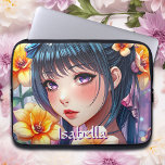 Funda Para Portátil Chica de anime de bonito con Daffodils Personaliza<br><div class="desc">Cubierta personalizada del comprimido. Hermoso chica con ojos morados y pelo oscuro rodeado de aderezos amarillos. Bonito floral y anime el arte digital ai.</div>