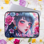 Funda Para Portátil Chica de anime de bonito con ojos azules personali<br><div class="desc">Cubierta personalizada del comprimido. Hermoso chica con ojos azules y pelo azul rodeado de flores rosas y azules. Bonito floral y anime el arte digital ai.</div>
