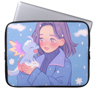 Funda Para Portátil Chica de anime de Kawaii con bebé dragón en nieve