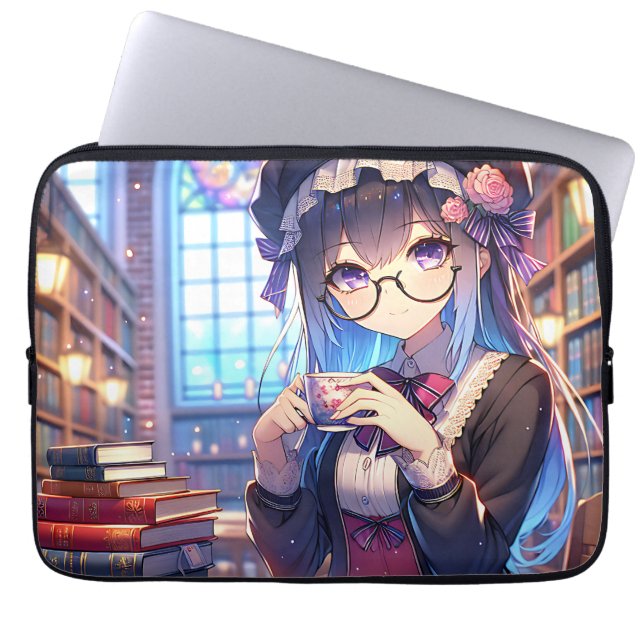 Funda Para Portátil Chica de anime lindo en lectura de anteojos (Frente)