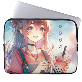Funda Para Portátil Chica de anime lindo sosteniendo un té Boba