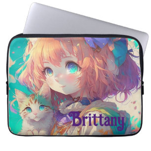 Funda Para Portátil Chica de anime personalizada y hermosa con gatito
