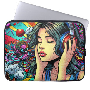 Funda Para Portátil Chica escuchando música sobre audífonos Psicodélic