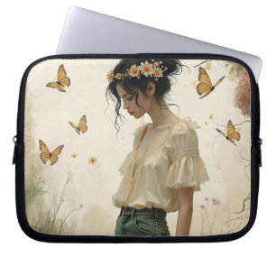 Funda Para Portátil Chica Etérea con Mariposas en la Naturaleza