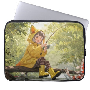 Funda Para Portátil Chica Neko Linda Con Impermeable Amarillo Pescando