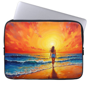 Funda Para Portátil Chica paseo por la playa al atardecer olas del océ