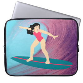 Funda Para Portátil Chica surfeando al atardecer.