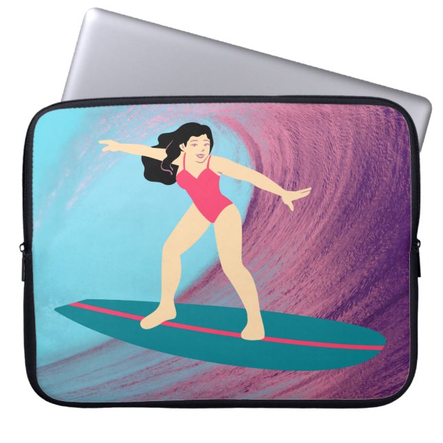 Funda Para Portátil Chica surfeando al atardecer. (Frente)