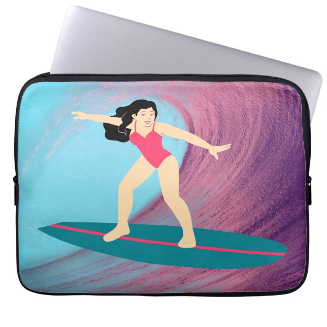 Funda Para Portátil Chica surfeando al atardecer. (Frente)