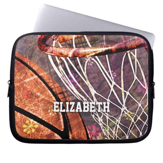 Funda Para Portátil Chicas Baloncesto y Hoop púrpura su nombre (Frente)