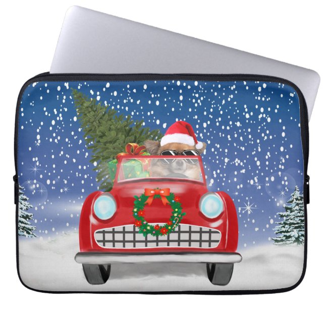 Funda Para Portátil  Chihuahua Dog Driving Car In Snow Christmas  (Frente)