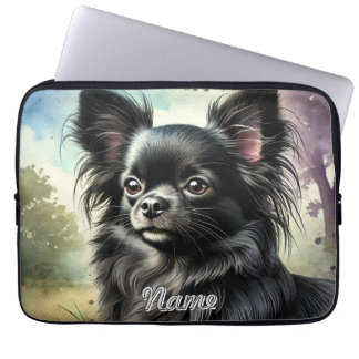 Funda Para Portátil Chihuahua negro de pelo largo en acuarela