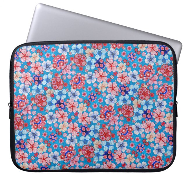 Funda Para Portátil Chirimen floral en cascada azul (Frente)